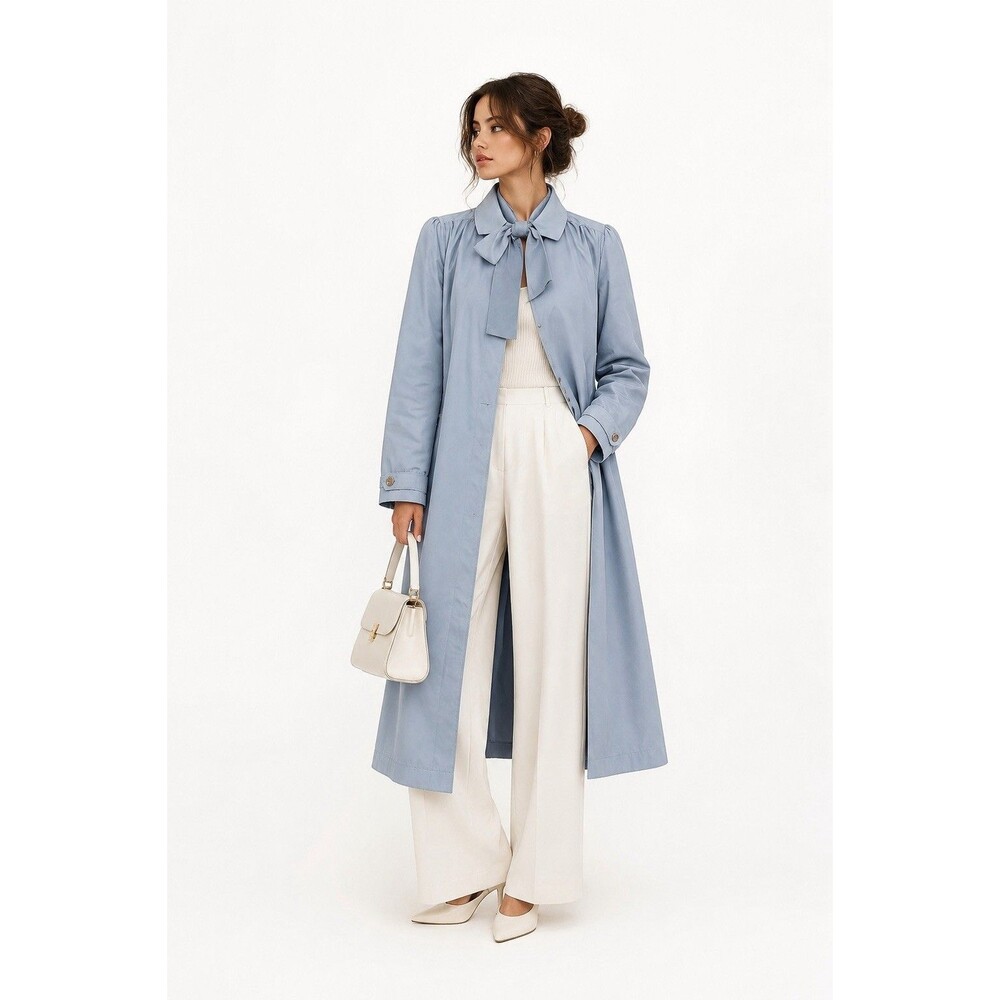London Fog Powder Blue Tie Neck Trench Rain Coat Size 8 Vintage 1970s